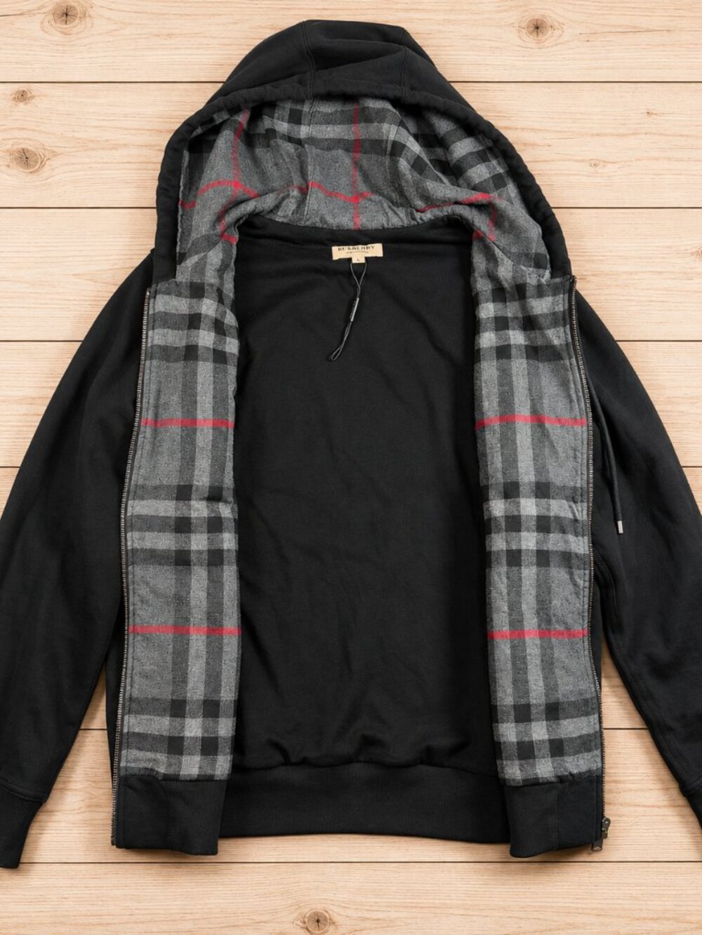 Burberry Mens Black Check Lined Full Zip Hoodie Sweatshirt Small Equestrian Logo